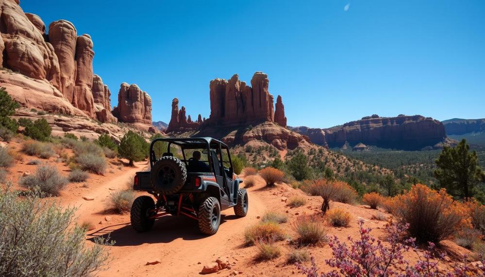 a truck driving down a dirt road