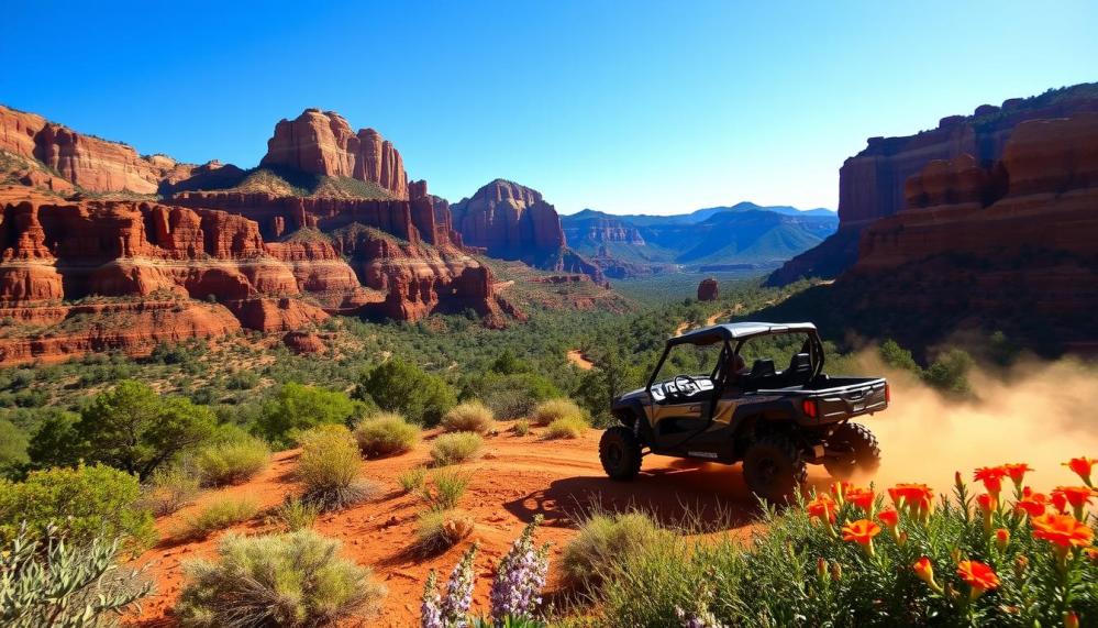 Vibrant red rock landscapes of Sedona, Arizona, with rugged terrain and dramatic cliffs, featuring a powerful UTV navigating through dust clouds, surrounded by lush greenery and striking desert flora under a bright blue sky.