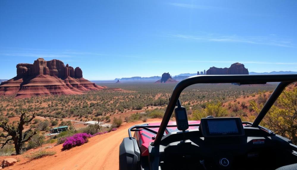 An expansive view of Sedona's iconic red rock formations under a clear blue sky, featuring a rugged UTV parked on a dirt trail with a high-tech GPS device mounted on the dashboard, showcasing vibrant desert flora and distant mountains in the background.