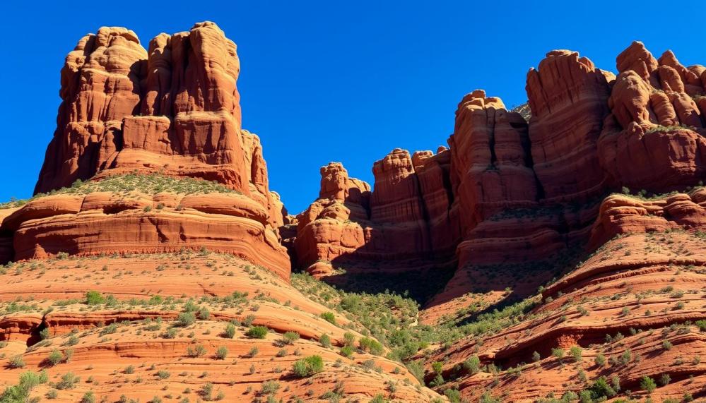 Vibrant red rock formations towering against a clear blue sky, intricate layers of sandstone revealing natural textures, scattered patches of green vegetation, sunlight casting dramatic shadows, showcasing the rugged beauty of Sedona's unique terrain.