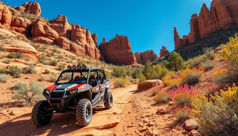 A thrilling UTV parked on a rocky trail in Sedona, surrounded by stunning red rock formations and vibrant desert vegetation under a bright blue sky, showcasing the rugged landscape and adventure-ready vehicle.