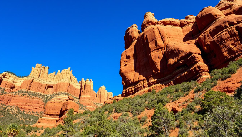 Vibrant Sedona red rock formations under a clear blue sky, surrounded by lush green vegetation, showcasing unique geological shapes and textures, with dramatic shadows cast by the sun.