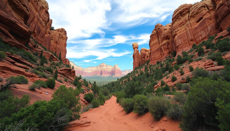 Stunning view of Broken Arrow Trail in Sedona, vibrant red rock formations, rugged off-road terrain, clear blue sky with wispy clouds, lush green vegetation interspersed among the rocks, dynamic landscape showcasing natural beauty and adventure.