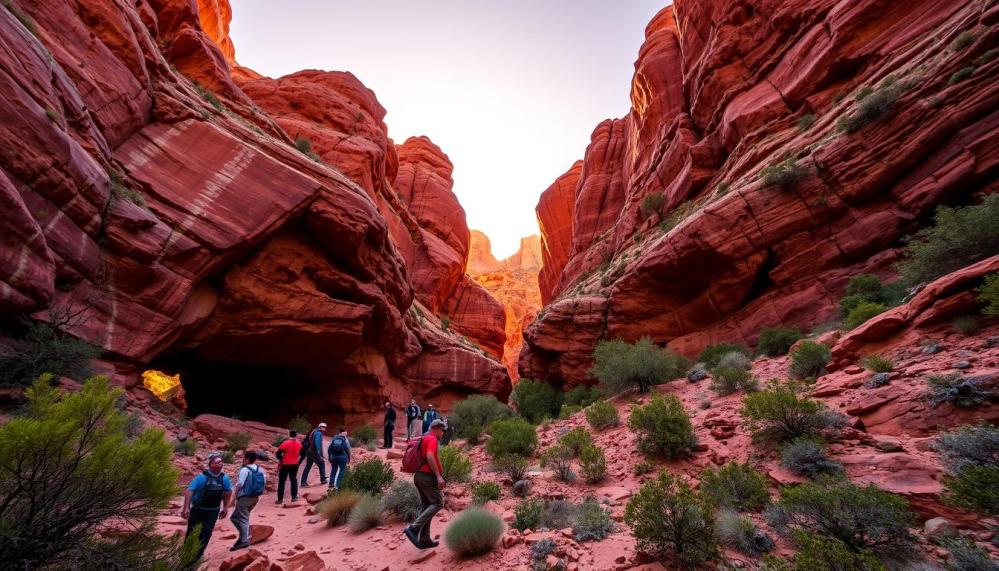 Majestic red rock formations surrounding hidden caves, sunlight filtering through the openings, hikers exploring rocky terrain, lush desert vegetation, vibrant sunset colors illuminating the scene