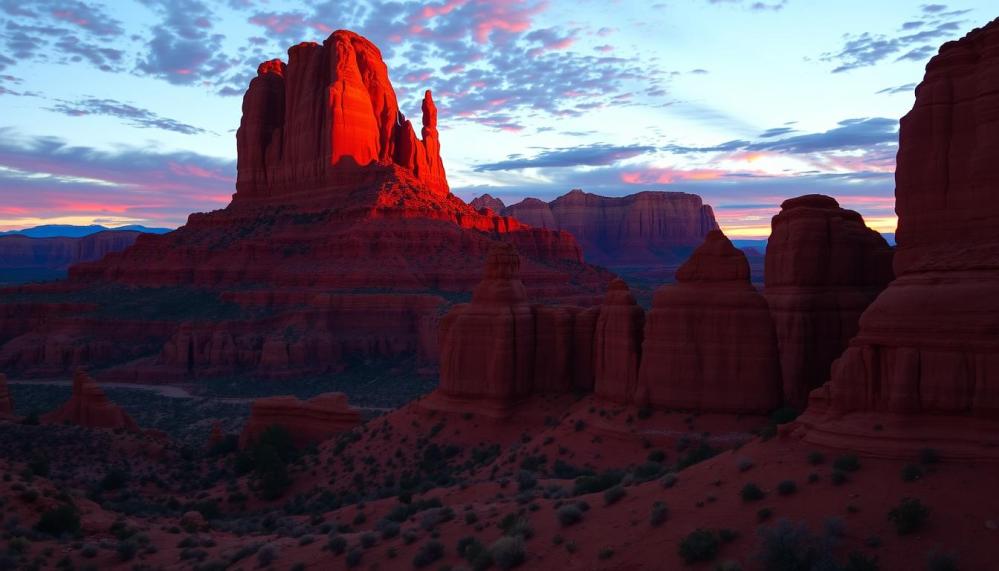Majestic Cathedral Rock formation towering against a vibrant sunset sky, with rugged red sandstone cliffs and scattered desert vegetation, reflecting the warm glow of the setting sun.